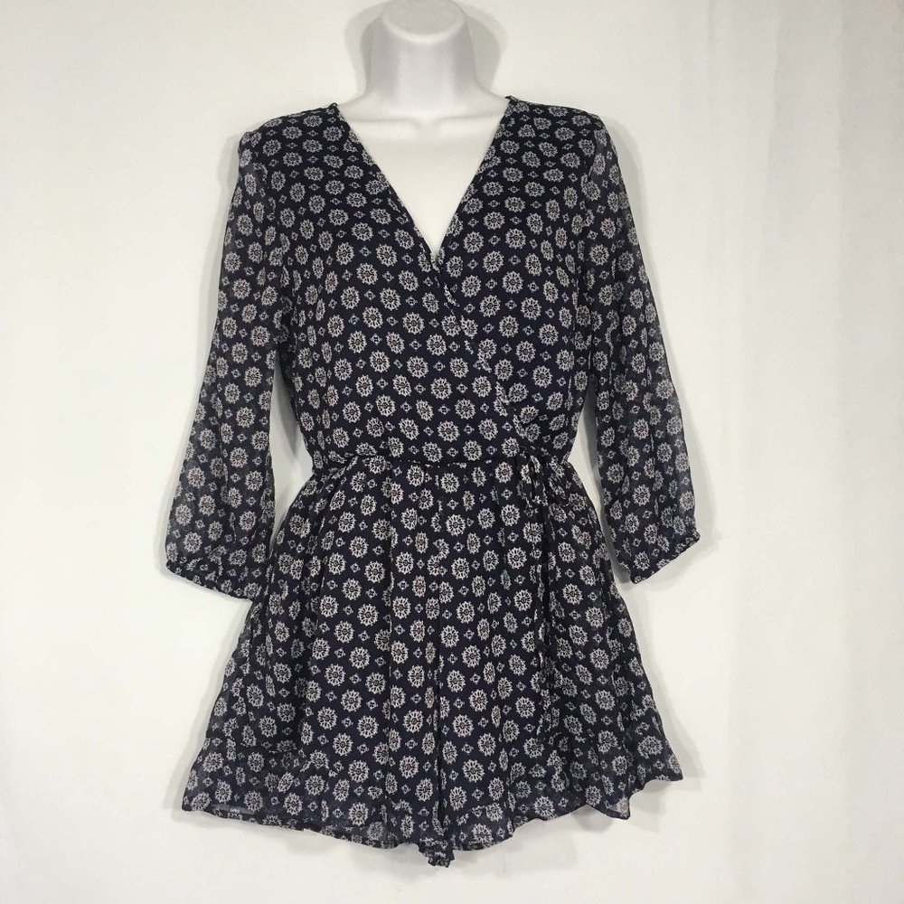 Boho Blue Tribal Print Faux Wrap Romper, shorts, S‎